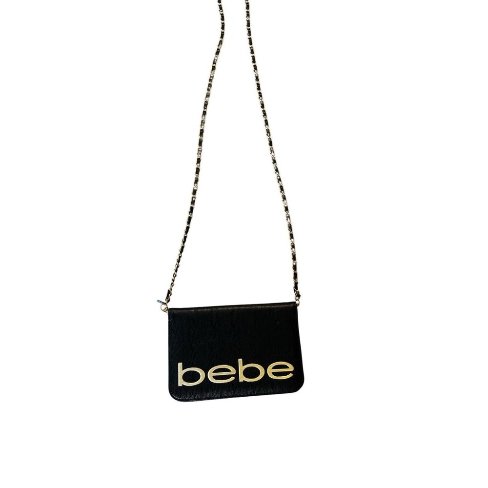 bebe Logo Crossbody Bag Chain Strap Black Gold Designer Y2K Preppy Structured